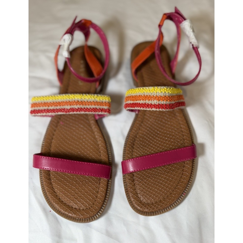 NWOB Nine West Womens 7 Beaded Flat Sandals Pink Orange Boho Ankle Strap